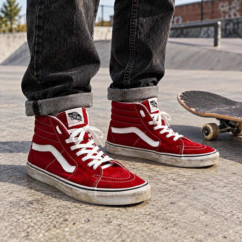 Vans Sk8-Hi Red White Suede Canvas High Top Skate Sneakers Men’s Size 10